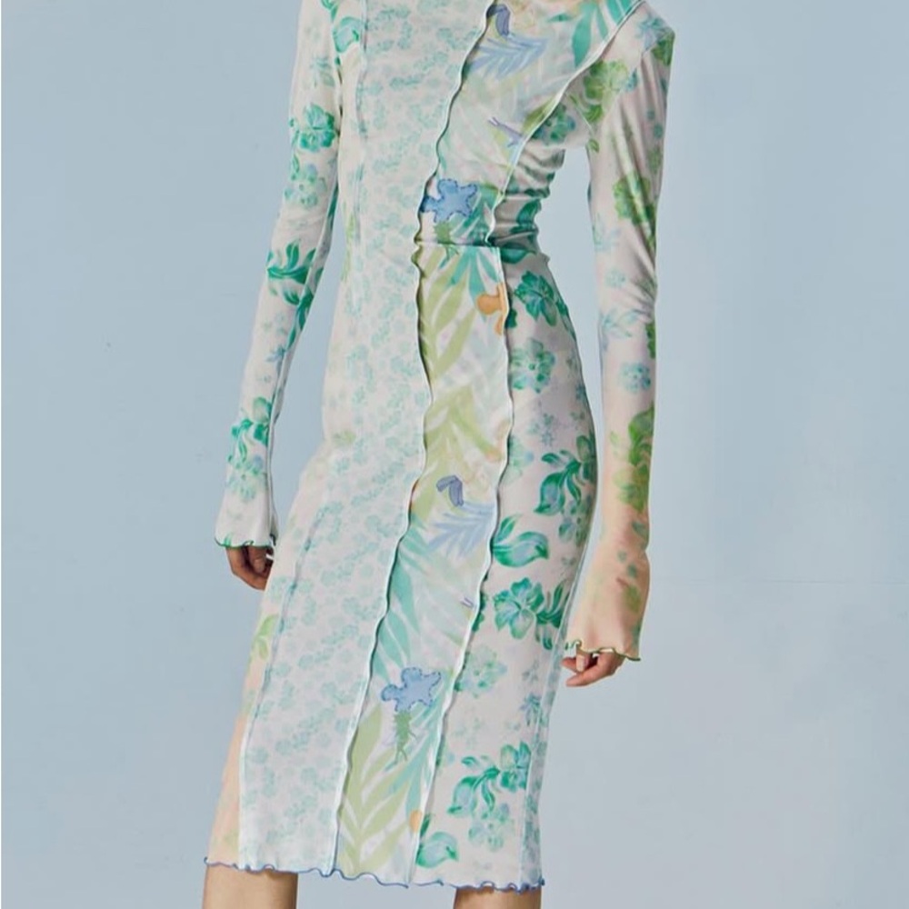 Vegan Tiger, mesh long sleeve maxi dress with shoulder pads